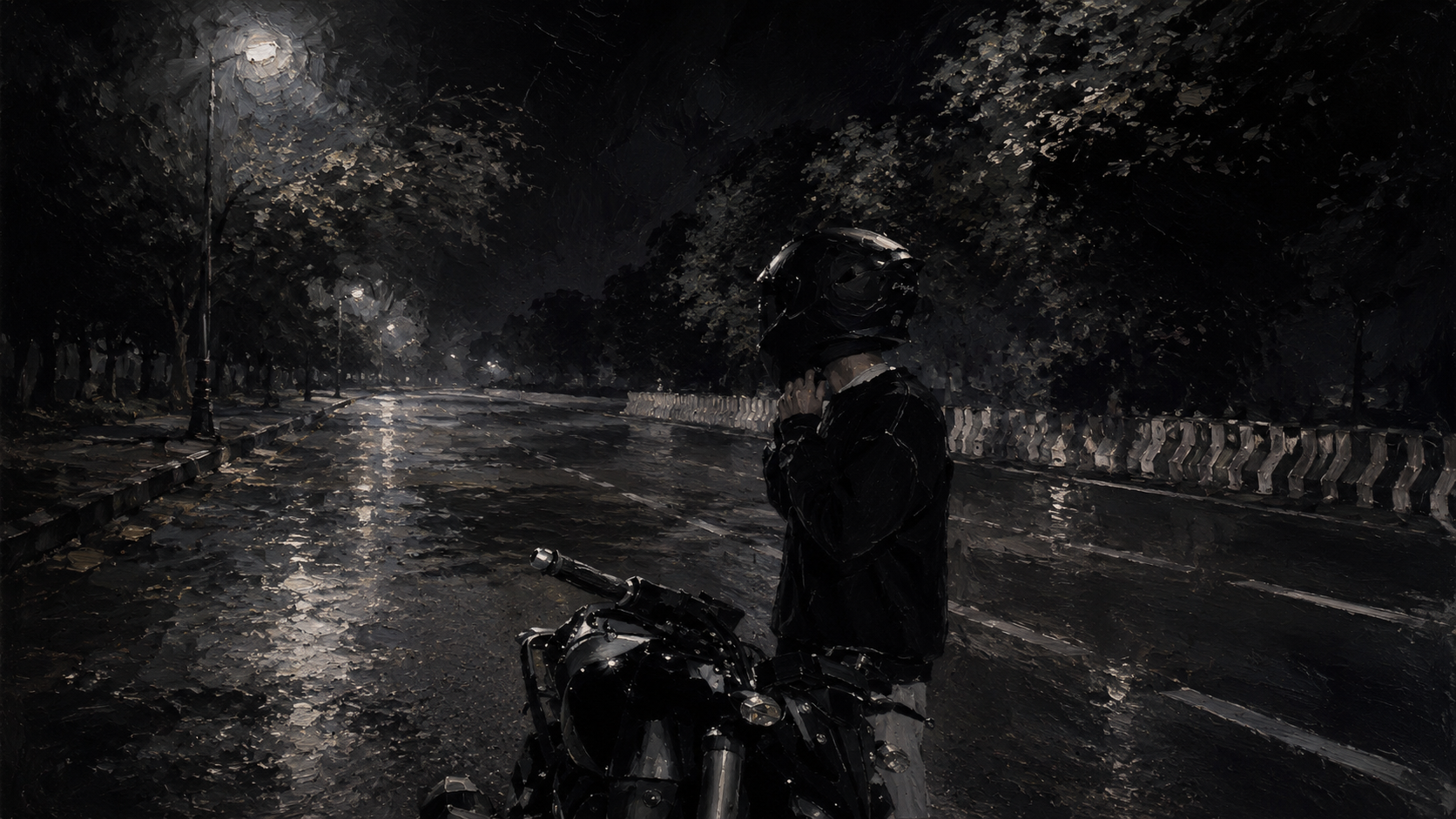 Solo rider on a dark road